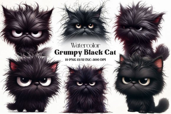 Download Watercolor Grumpy Black Cat Clipart - Watercolor Collection