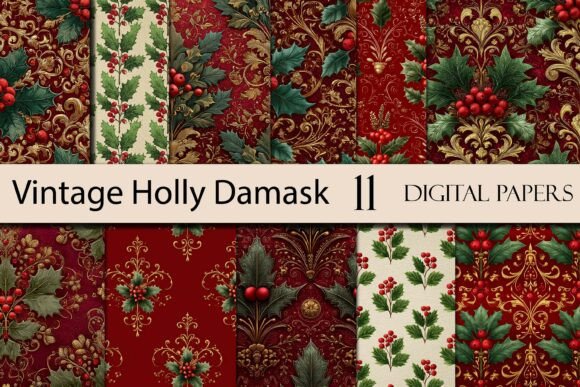 Download Vintage Holly Damask Digital Paper - Holly Collection