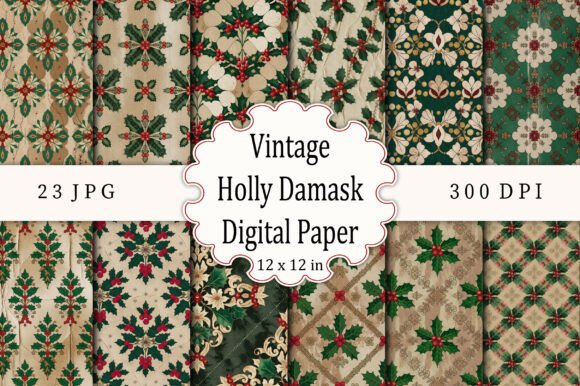 Download Vintage Holly Damask Digital Paper - Holly Collection