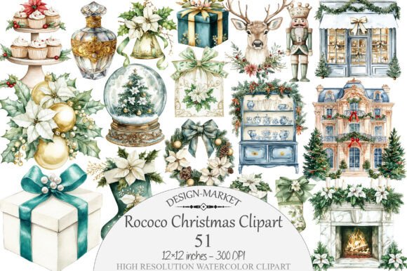 Download Watercolor Rococo Christmas Clipart - Watercolor Collection