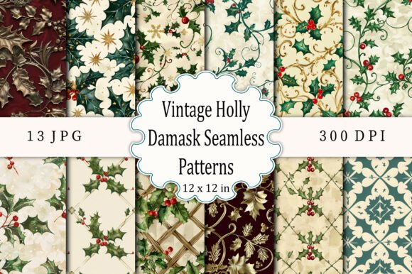 Download Vintage Holly Damask Seamless Patterns - Holly Collection