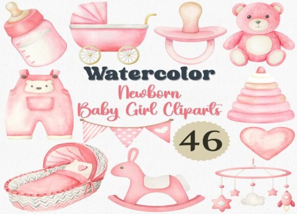 Download Watercolor Newborn Baby Girl Clipart Set - Watercolor Collection