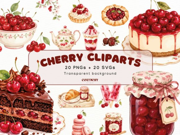 Download Cherry Watercolor Cliparts, Desserts PNG - Watercolor Collection