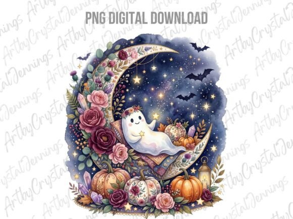 Download Boho Floral Ghost Moon Watercolor PNG - Watercolor Collection