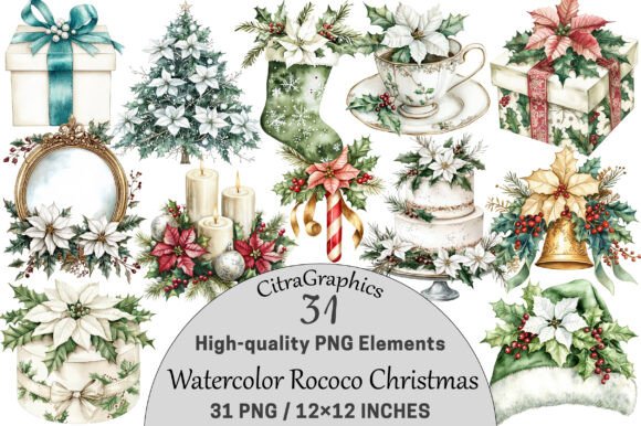 Download Watercolor Rococo Christmas Clipart. - Watercolor Collection